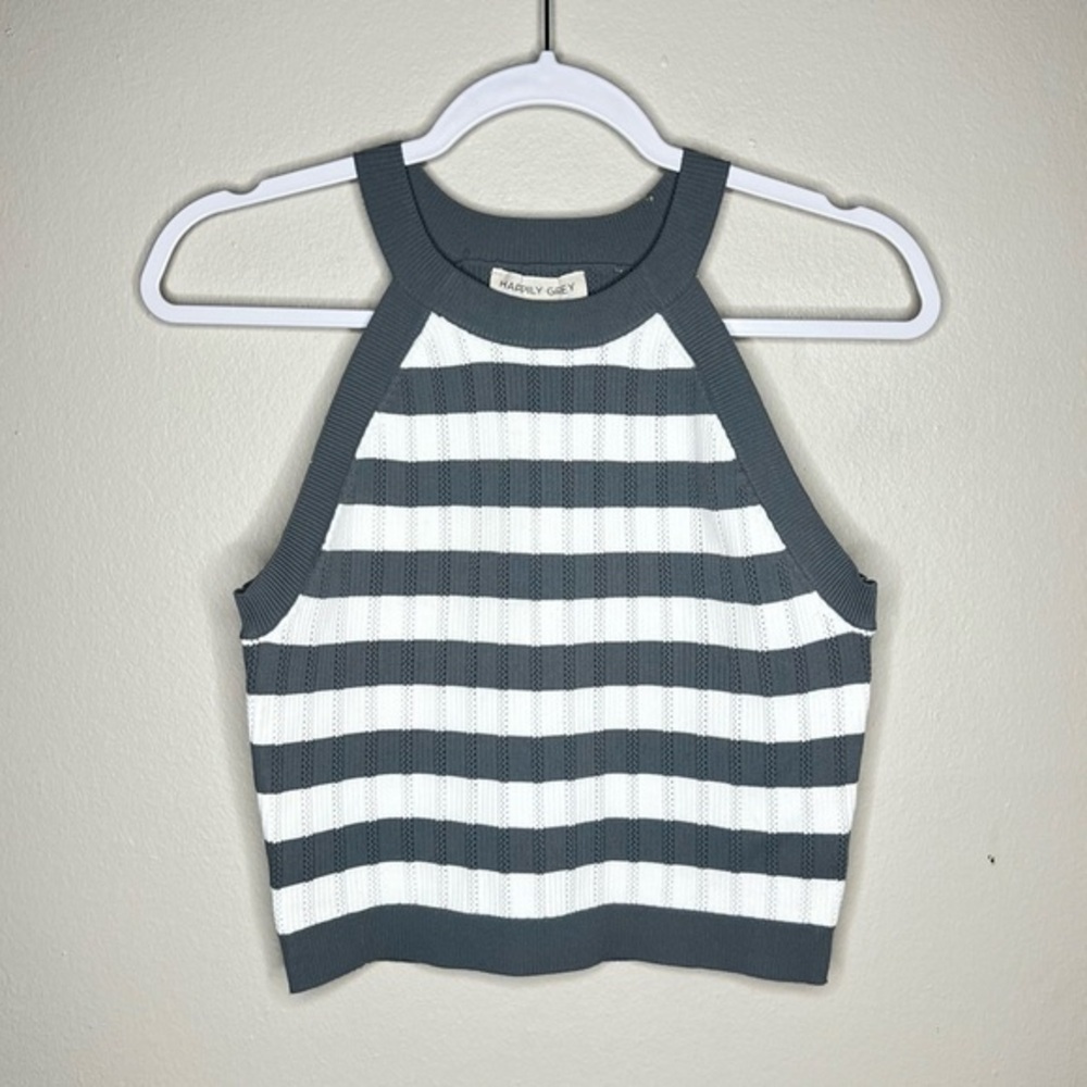 Happily Grey Pointelle Stretch Knit Striped Ribbed High Neck‎ Halter Tank Top